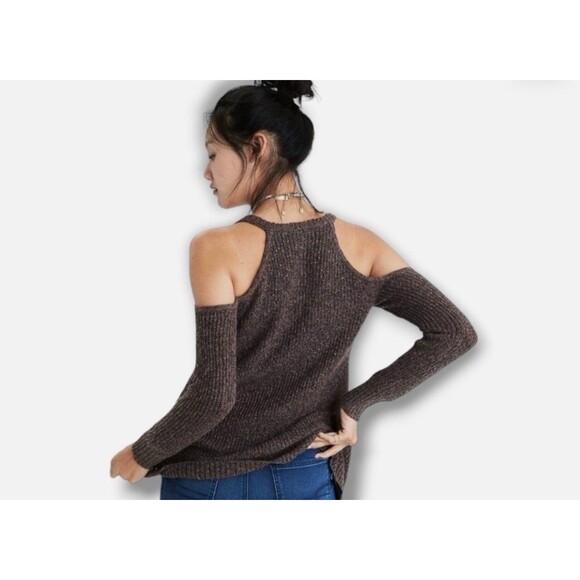 American Eagle Women’s Cold Shoulder Brown Knit Sweater Zipper Detailing Sz SM - Picture 2 of 8